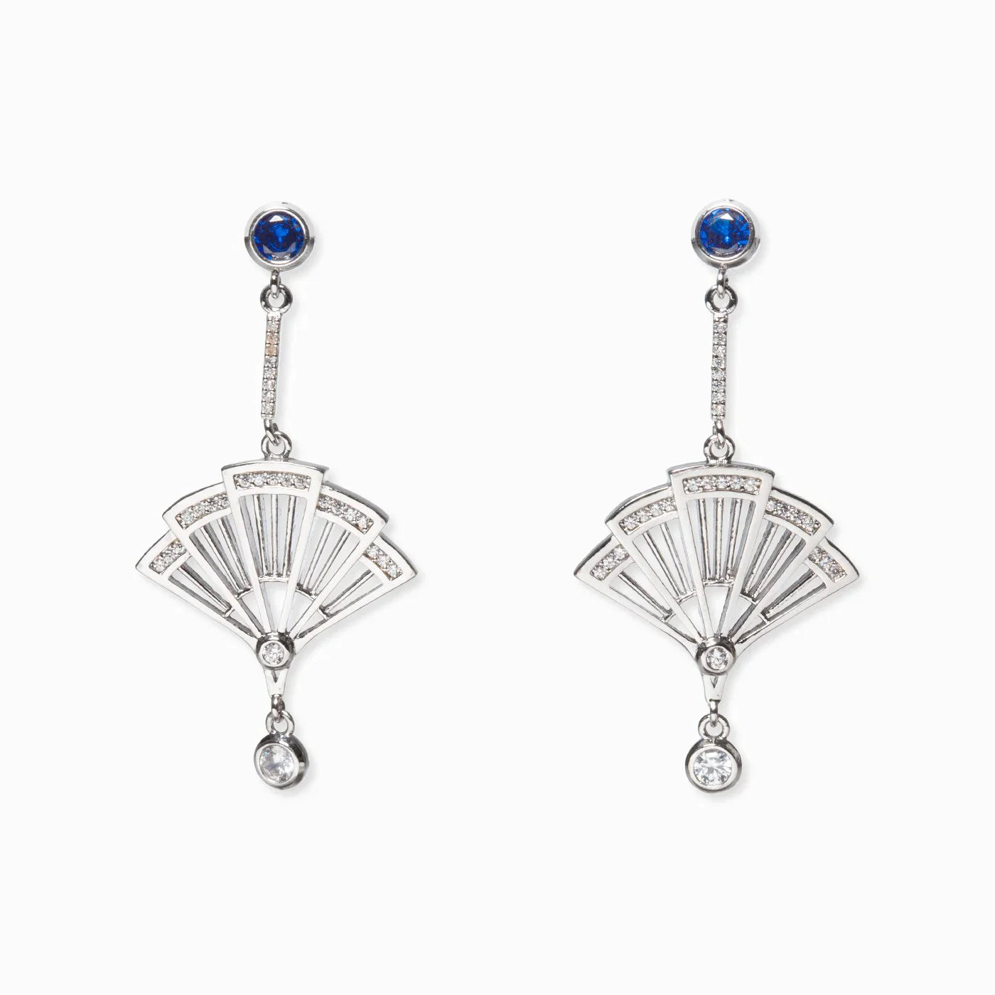 Fan Earrings - Silver with Sapphire Crystal