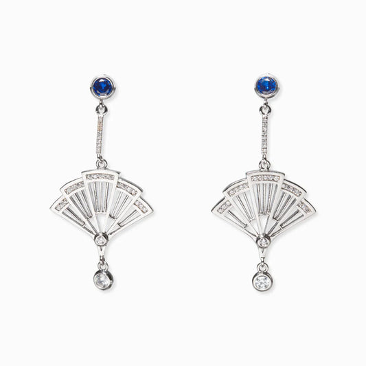 Fan Earrings - Silver with Sapphire Crystal