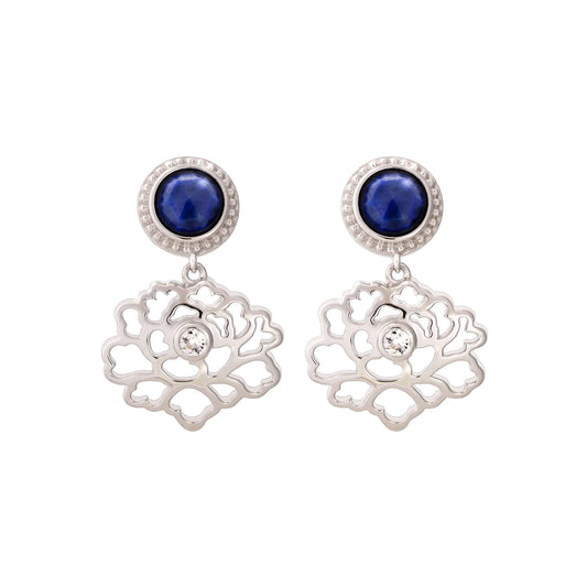 Majestic Tang Peony Earrings -Silver with Lapis